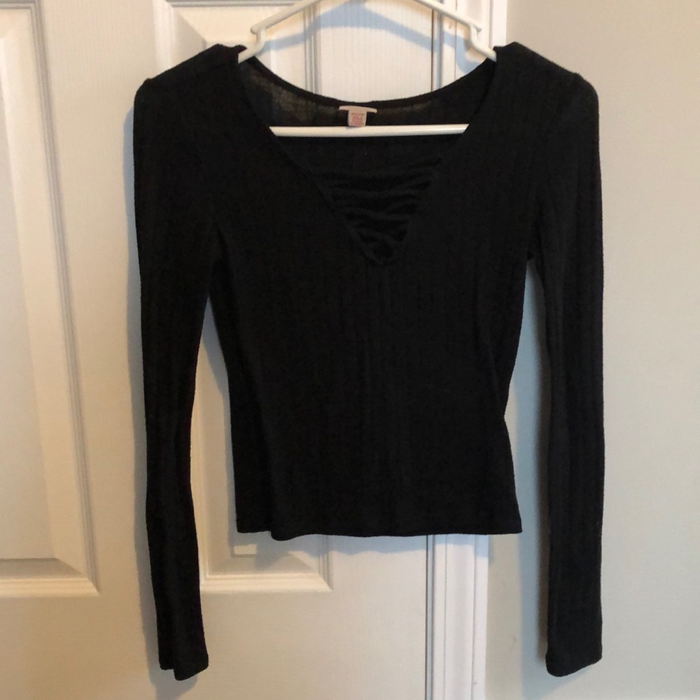 Ribbed Strappy V Neck Long Sleeve